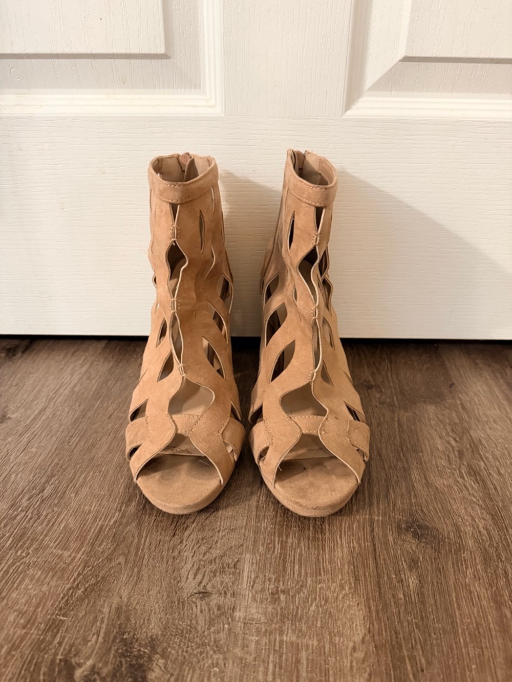 Women's Tan Cutout Peep-Toe Booties